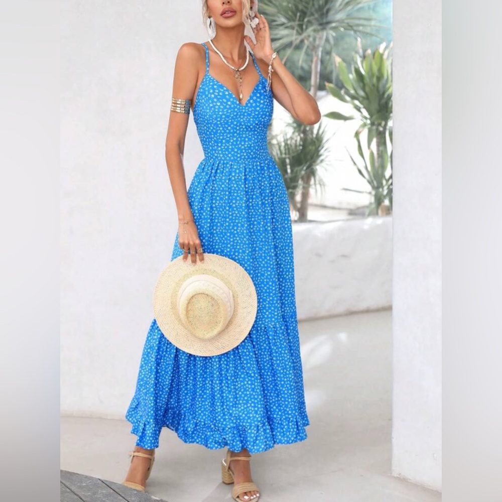 Floral Print Lace Back Ruffle Hem Maxi Dress